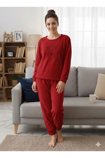 FAMES PİJAMA Women's Red Fleece Pajamas Set