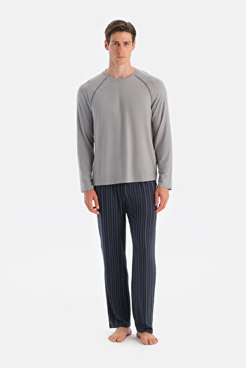 Eros Gray Stitching Detailed Crew Neck Thermal T-Shirt Pants Pajama Set
