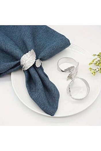 ANTBRO Set 2 metal rings Antbro® for napkin, leaf design, silver color, 4.3x3cm