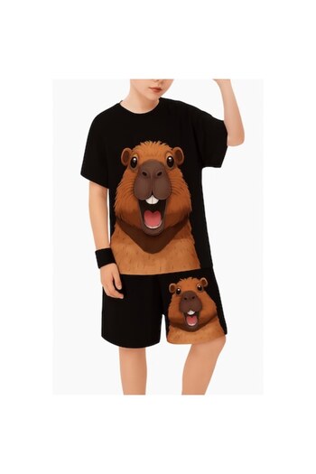 OEM Summer Boys Suit – 2 Pieces, Black, Capybara Model, T-shirt + Shorts, 5–13 Years