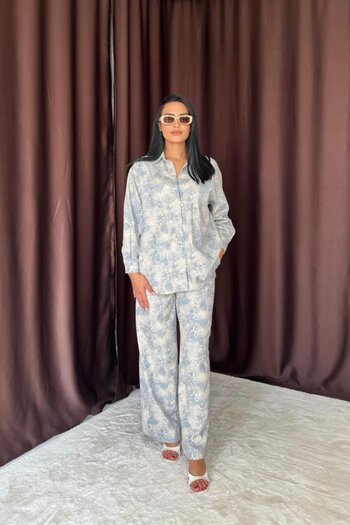 Wear Up    Blue Leopard Patterned Jacket and Trousers Linen Set
