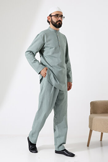 ihvan online Men's Single Pocket Shirt and Pants Two-Piece Set Hajj and Umrah Clothing Green (Vşn)