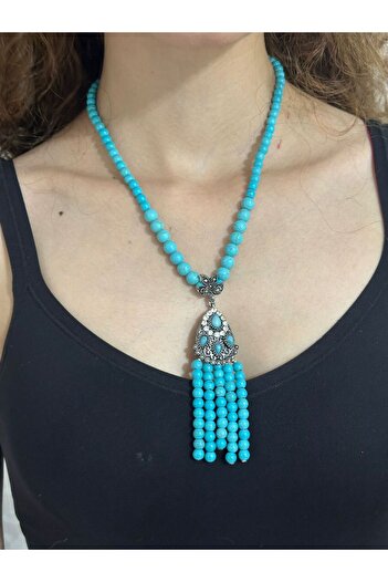 Gönülden Tasarım Firuze Natural Stone Zircon Women's Necklace 22 cm