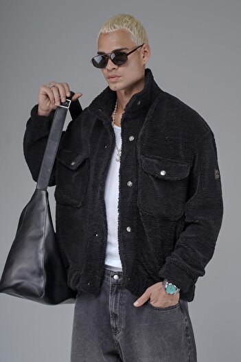 king brich Oversize Plush Jacket with Snap Closure and Logo Detail