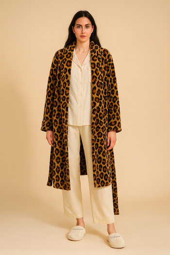 Calmera Wellsoft Polar Shawl Collar Women's Dressing Gown |   Soft |   Belted - Knee Length - Bathrobe |   Leopard