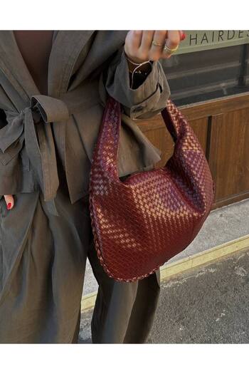 Gül Karatekin Women's Burgundy Knitted Patterned Casual Vintage Hand and Shoulder Bag