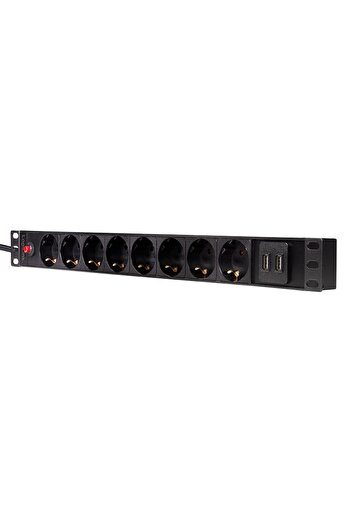 LogiLink 1U PDU, 19" Rack, 8 Schuko Sockets, 16A, On/Off Switch, Surge Protection, 2x USB 2.1A, 2m