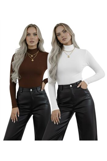 hashtag Women's Turtleneck Long Sleeve Bodysuit – Basic Plain Model 2-Pack