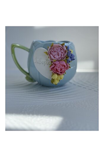 OEM Personalized Gift Mug with Polymer Clay Flowers and 'Love' Message, 350 ml, Multicolor, Handmade - Z