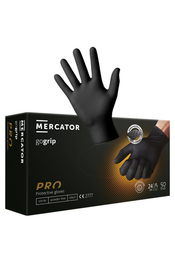Mercator Medical Mercator GoGrip 2XL Diamond Textured Nitrile Gloves - 50 Pack, Heavy-Duty Chemical Protection, Black