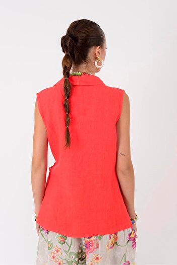 Park Moda 14987 Crocheted Detail Sleeveless Linen Blouse