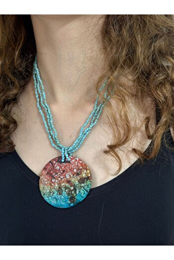 Gönülden Tasarım Turquoise Beaded Women's Necklace with Turquoise Beaded End 22 cm