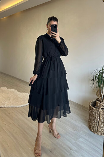 Neşeli Butik Women's Tiered Flounce Belted Midi Chiffon Dress Nm004