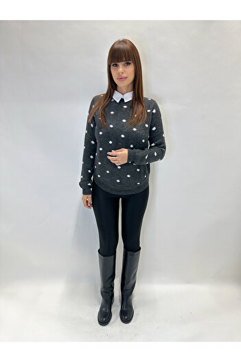 IFASTFASHION Women's gray sweater with white polka dots - elegant casual knitted model for autumn-winter