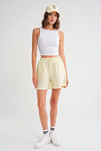 Mixray 4548 Women's Elastic Waist Muslin Shorts Pastel Yellow