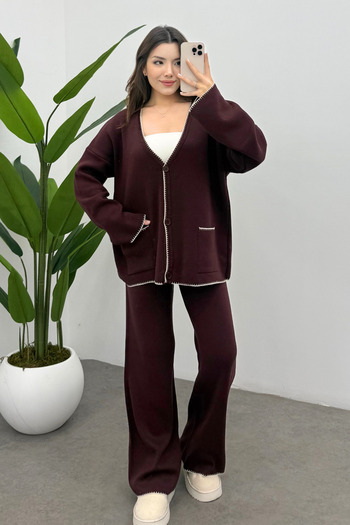 Ladima Women's Burgundy Pocket Detailed Shepherd Stitch Cardigan Pants Bottom Top Knitwear Set
