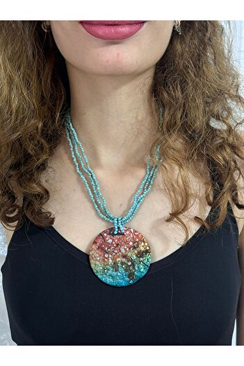 Gönülden Tasarım Turquoise Beaded Women's Necklace with Turquoise Beaded End 22 cm