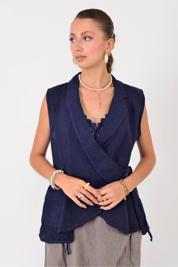 Park Moda 14987 Crocheted Detail Sleeveless Linen Blouse