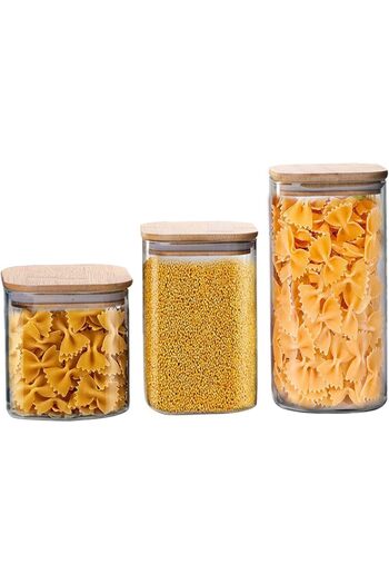 Generic Set of 3 Square Glass Jars with Bamboo Lids, Airtight Storage for Pasta, Snacks (800-1600ML)
