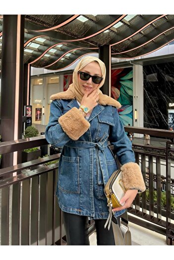 Hb Harma Time Butik Jachetă de damă cu centură, cu detalii din blană, albastru denim