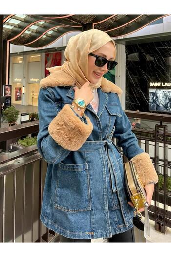 Hb Harma Time Butik Jachetă de damă cu centură, cu detalii din blană, albastru denim
