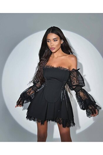 Friday Mood Women's Eyelet Corset Detailed Sleeves Lace Mini Dress