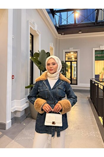 Hb Harma Time Butik Jachetă de damă cu centură, cu detalii din blană, albastru denim închis
