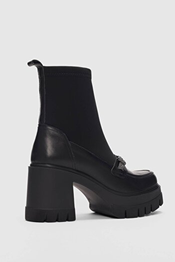 selinshoes Hygee High Sole Women's Stretch Boots with Stone Detail on the Front - Black