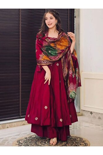 MYSMAR Maroon Chinnon Silk Top Palazzo & Dupatta - HRT3538 | Maroon