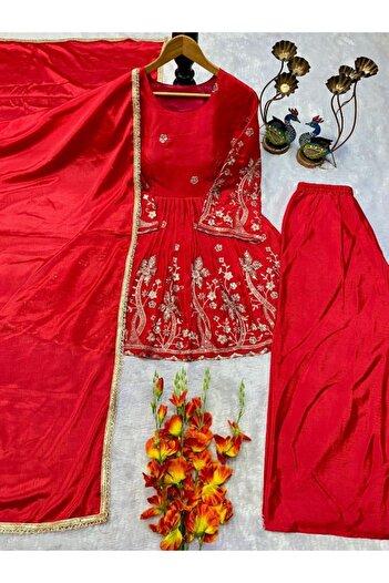 MYSMAR Red Chinon Silk Top Bottom Dupatta - HRT4630 | Red