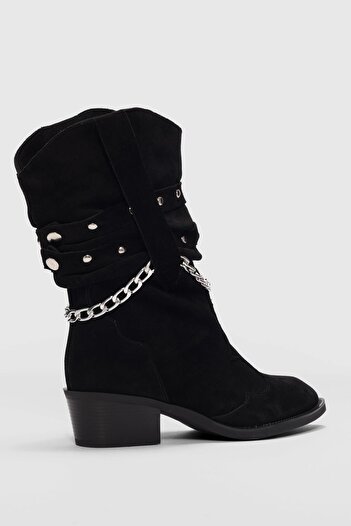 selinshoes Elara Genuine Leather Chain Detailed Western Women's Boots - Black Suede