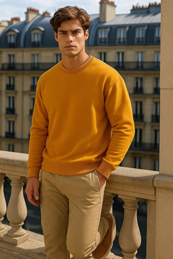 COMBİNE MİCHAİL Men's Crew Neck Oversize Mustard Sweater