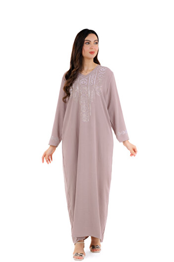 amaan Women's Long Jalabiya Dress, Embroidered Rhinestone Design, V-Neck, Floor Length