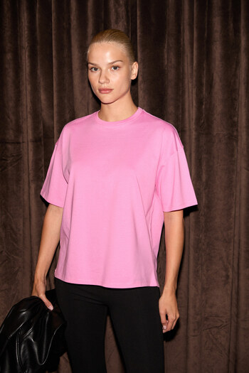 GRIMELANGE Jemmy Women's 100% Organic Cotton Relaxed Fit Slit Round Neck Dusty Rose T-Shirt