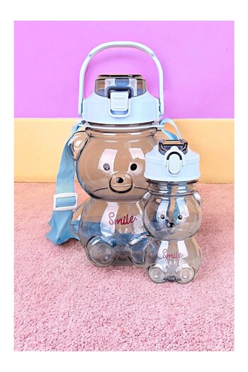 ayaz telekomünikasyon 2-Pack Transparent Smile Teddy Bear Water Bottle 1000+400ml Children's Water Bottle with Straw Leak-Proof Lid Water Bottle Set