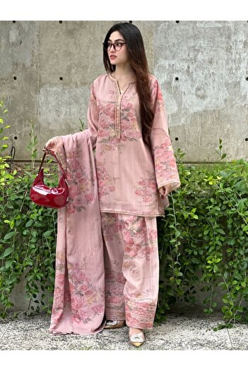MYSMAR Pink Faux Georgette Top Pant & Dupatta Set - HRT3183 | Pink