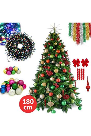 ChristmasWorld Artificial Christmas Tree, 180cm, Metal Stand + GIFT 43 Decorations, Ornaments, Lights, Tinsel