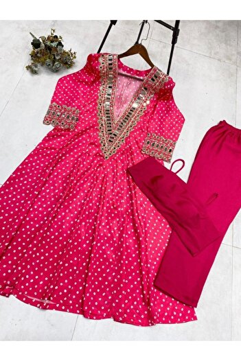 MYSMAR Neon Pink Chinon Blouse Top Pant - HRT2487 | Neon Pink