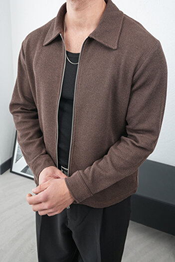 İLKCET MODA Men's Zippered Seasonal Comfortable Fit Brown Knitwear Jacket