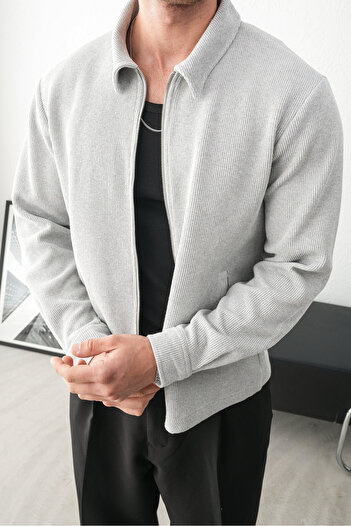 İLKCET MODA Men's Zippered Seasonal Comfortable Cut Gray Knitwear Jacket