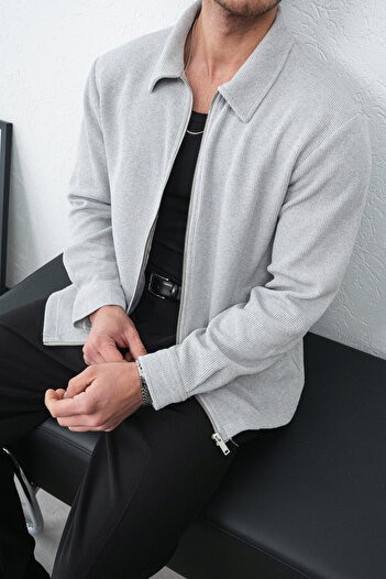 İLKCET MODA Men's Zippered Seasonal Comfortable Cut Gray Knitwear Jacket
