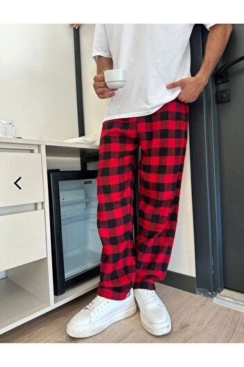 RE7EDİ Red Black Harajuku Square Pattern Unisex Pajamas Sweatpants