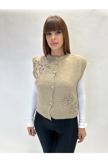 IFASTFASHION Women's knitted vest with appliquéd flowers and buttons - elegant model for autumn-winter