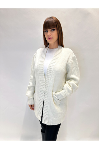 IFASTFASHION Women's white knitted cardigan with pockets - light and warm model for autumn-winter