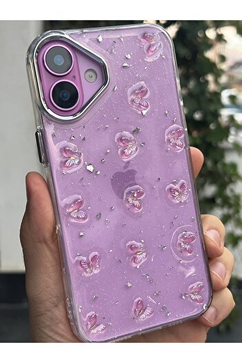 EDELFU iPhone 16 Plus - Butterfly Pink Glitter Transparent Flashy Silicone Phone Case