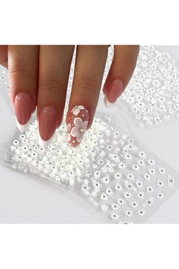Generic Tazweeq White Flower Nail Art Stickers, Flower with Rhinestones Nail Decals, 3D Self Adhesive Nail