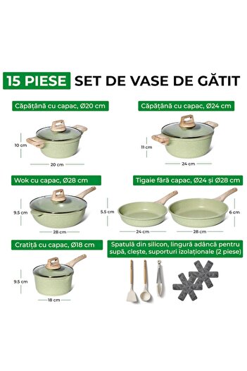 Just Perfecto Induction Pot Set - 14 Pieces - Cooking Set with Silicone Lid Olive - Easy Cook
