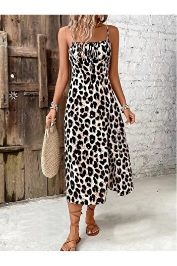Wear Up Women's Strappy Collar Lace-Up Slit Leopard Patterned Midi Single Jersey Dress