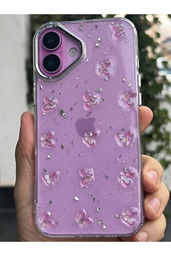 EDELFU iPhone 16 Plus - Butterfly Pink Glitter Transparent Flashy Silicone Phone Case