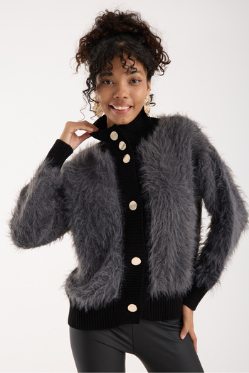 Moda Days Women's Smoked Beard Yarn Gold Button Stand Collar Knitwear Cardigan